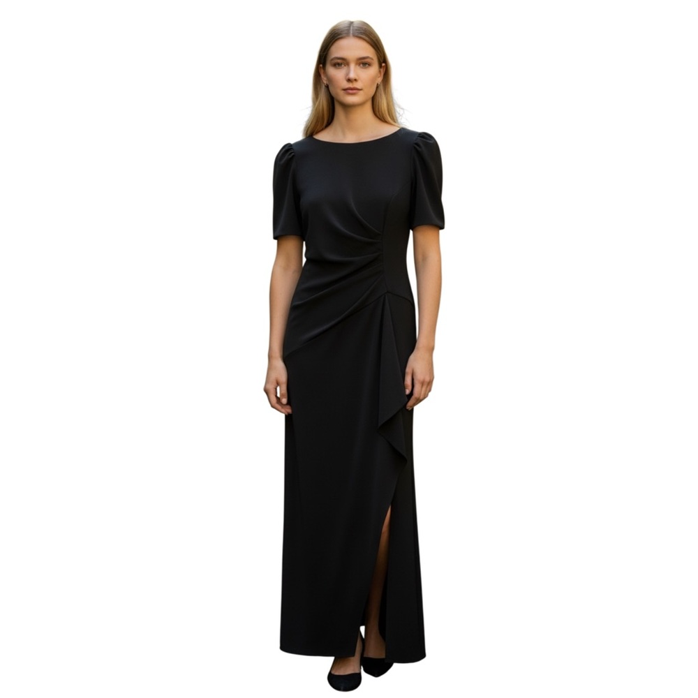 Xscape‎ Evenings "Demi" Scuba Short Sleeve Side Ruched Gown, Black, Size 12